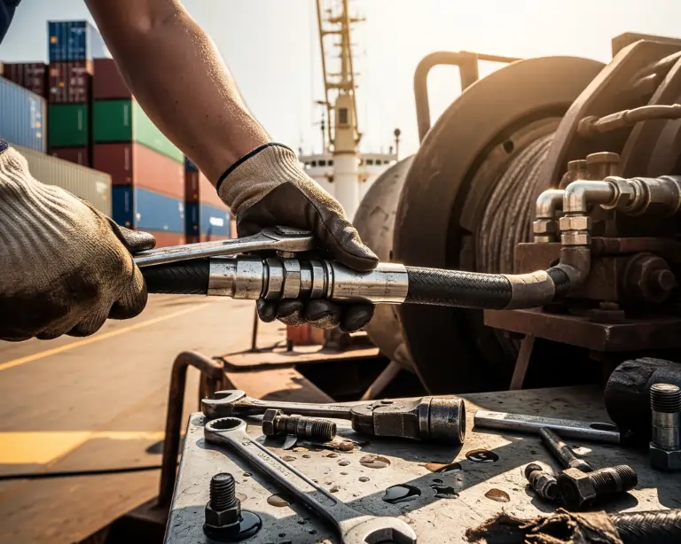 Technician providing emergency repair services on industrial winch hydraulic hose in shipping container yard.