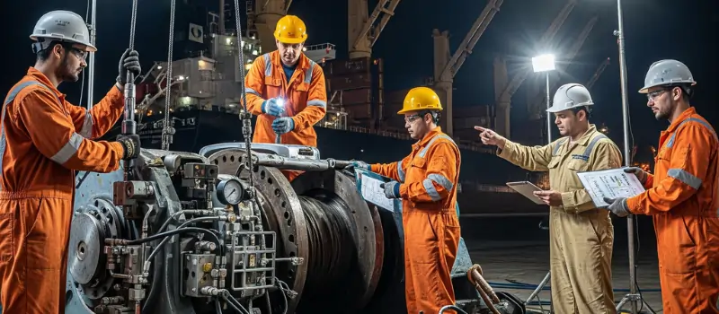 Engineers providing emergency repair services on an industrial winch at a shipping dock.