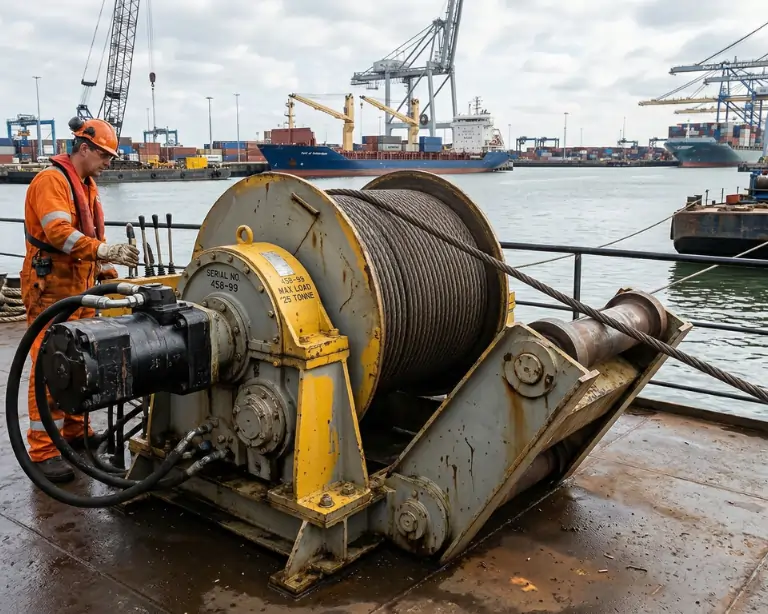 Heavy-duty industrial winch with full technical specifications