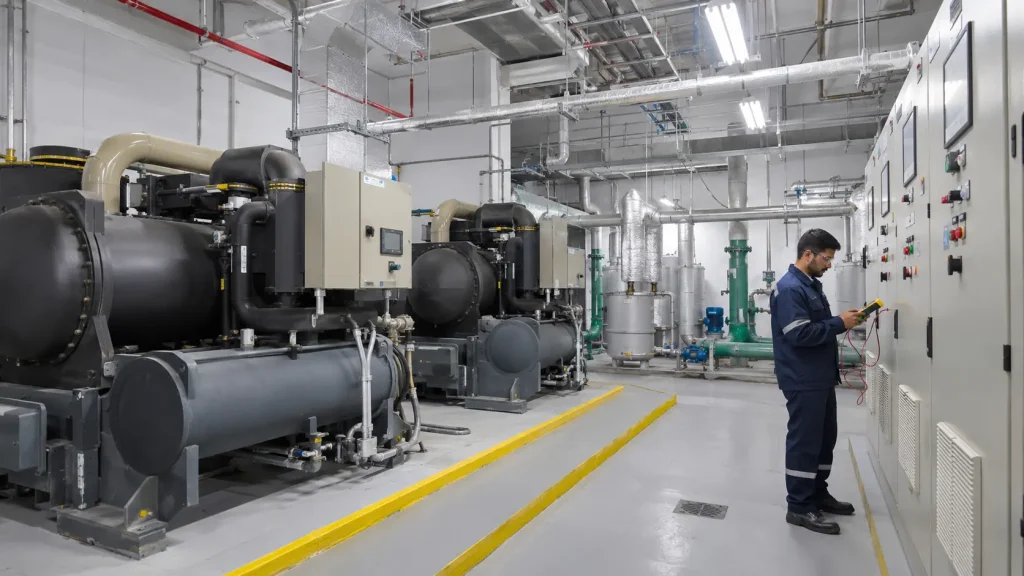 Technician inspecting electrical control panel in a commercial building's mechanical plant room in the UAE