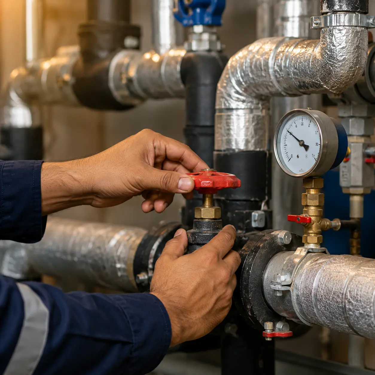 Technician adjusting an HVAC valve with visible pipe insulation and pressure gauge