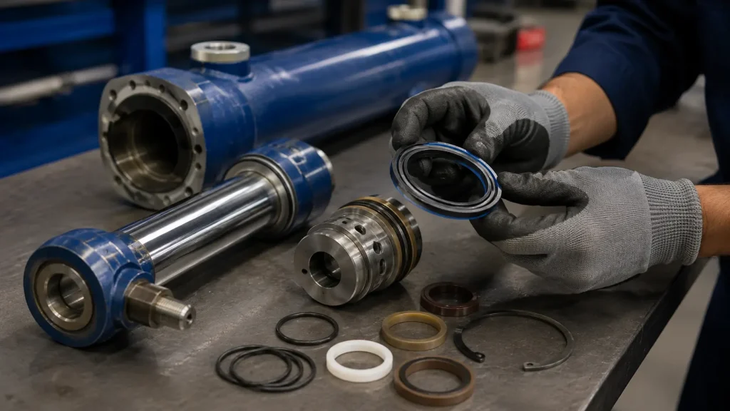 Disassembled hydraulic cylinder on a workbench with rod, piston, and seal components laid out for inspection