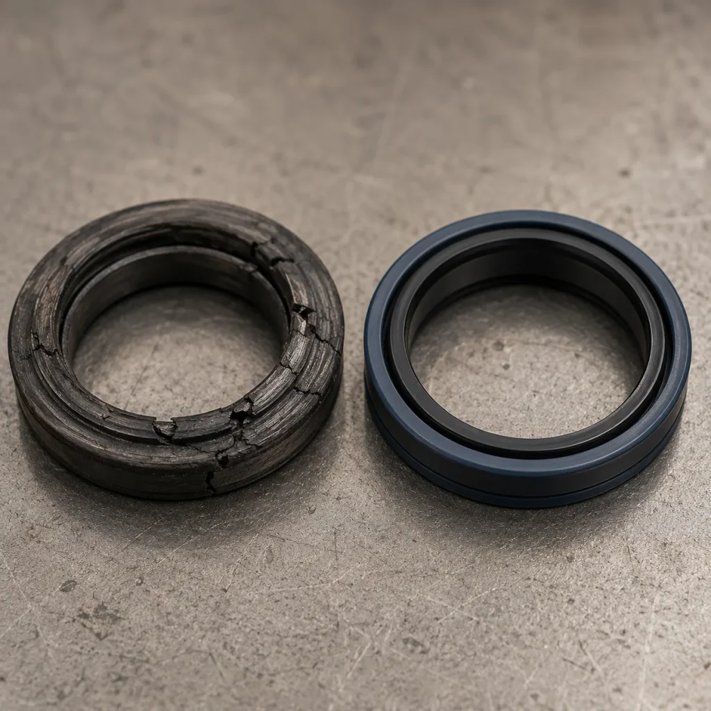 Worn hydraulic seal with cracking and extrusion damage next to a new replacement sea
