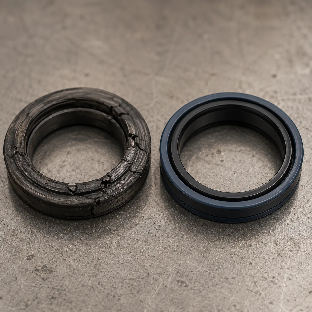 Worn hydraulic seal with cracking and extrusion damage next to a new replacement sea