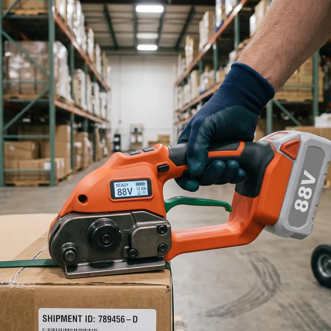 Battery-powered PET strapping tool applying plastic strap to a cardboard box in a warehouse, showcasing different strapping tool types for industrial packaging.