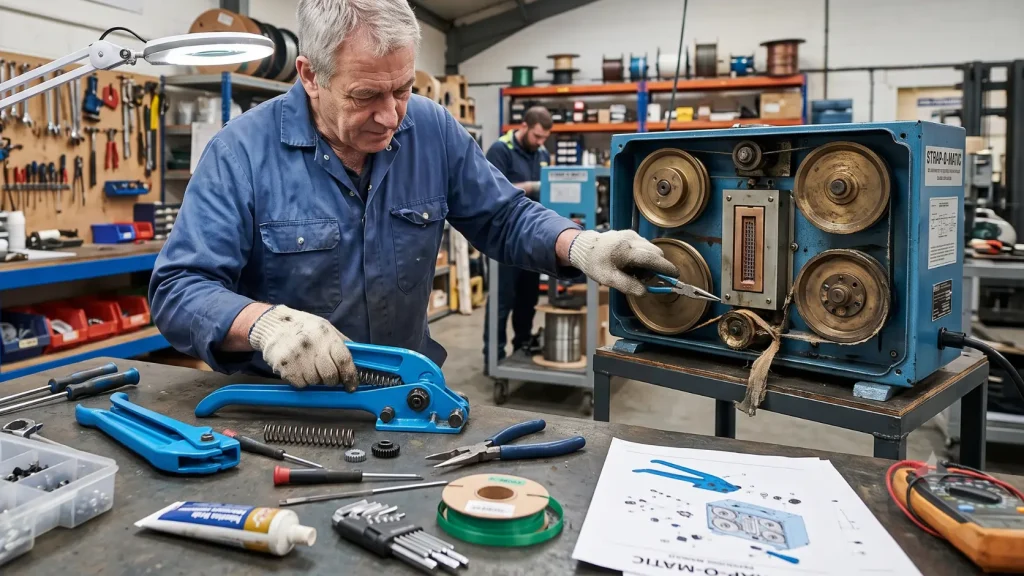 Technician repairing a manual strapping tool in a workshop, demonstrating maintenance for different strapping tool types used in packaging applications.