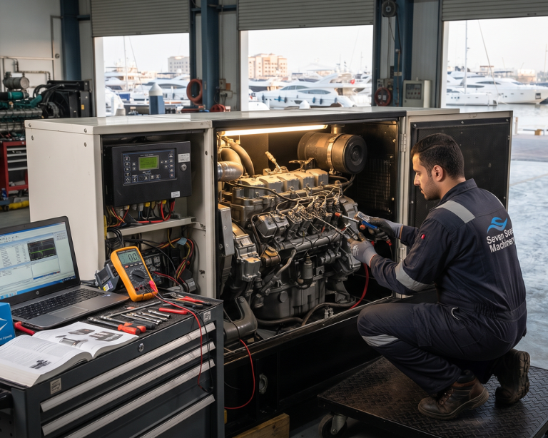 Technician diagnosing an industrial generator with software and electronic tools in a workshop to evaluate generator repair cost.