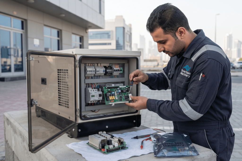 Technician servicing the electronic control board and components of a power generator to assess generator repair cost.