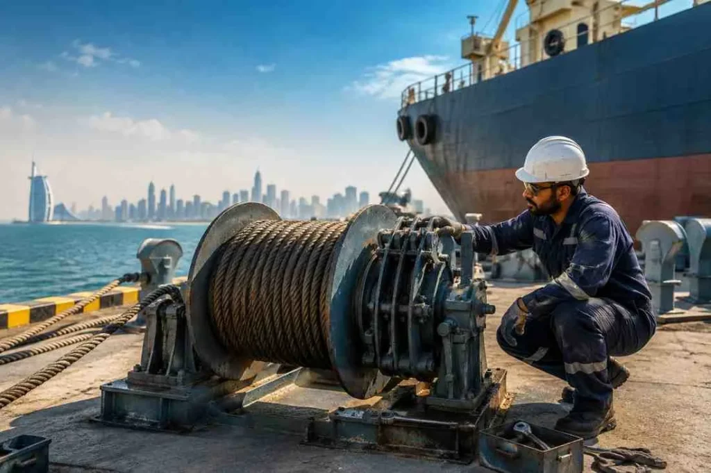 Technician Inspecting Marine Winch on UAE Vessel Deck