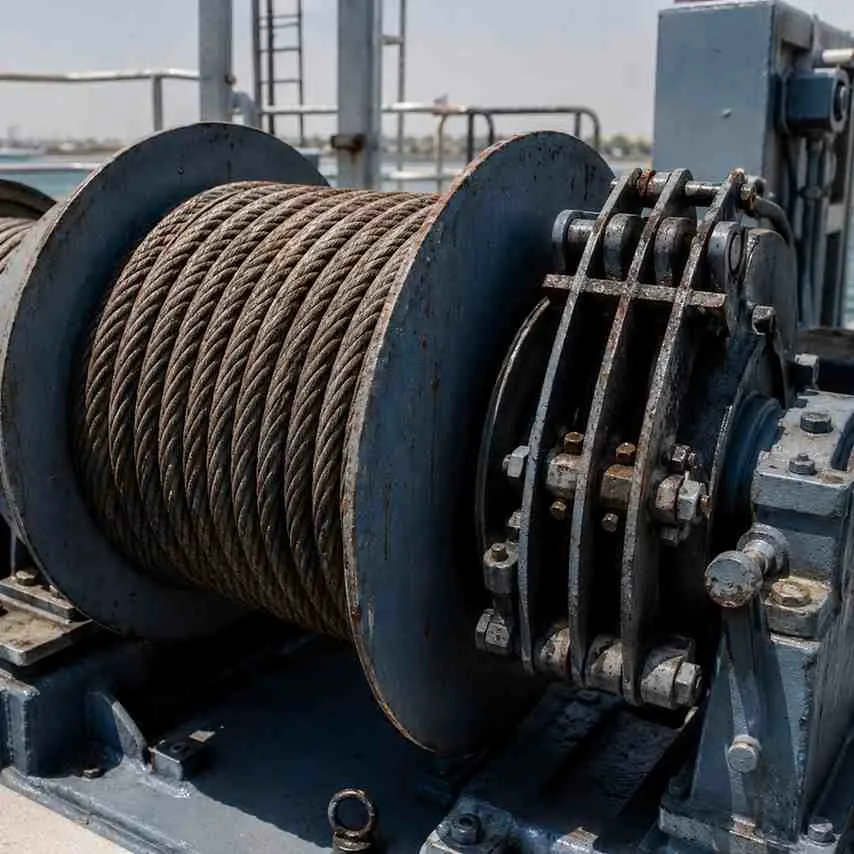 Close-up of a marine mooring winch drum and cable during a brake and cable inspection