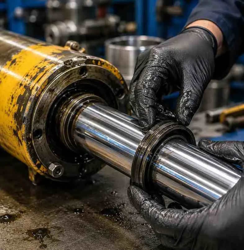 Technician inspecting hydraulic cylinder rod seal for wear during repair diagnosis