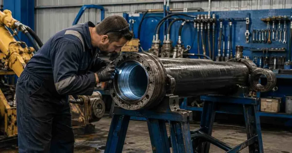 Technician examining hydraulic cylinder bore on repair stand to decide between repair and replacement