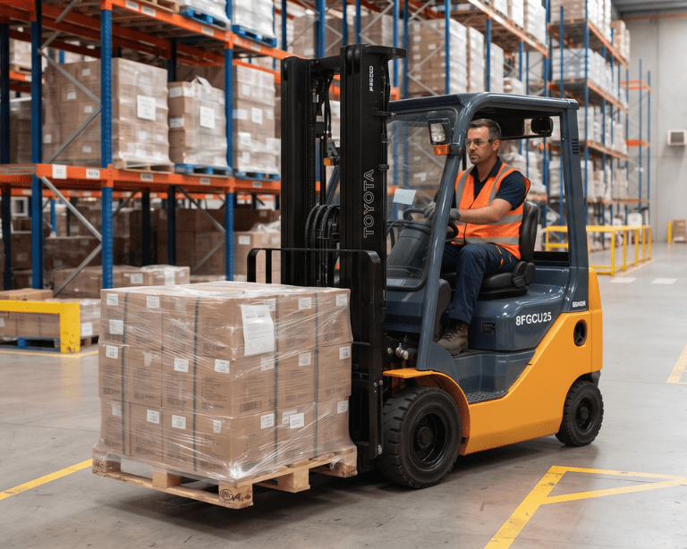 A worker driving a forklift loaded with shrink-wrapped cardboard boxes through a warehouse aisle, practicing forklift damage prevention.