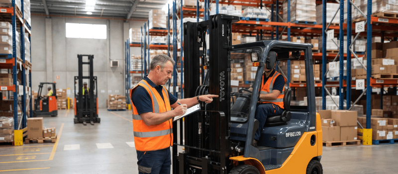 A warehouse supervisor in a high-visibility vest inspecting a forklift and talking to the operator to ensure forklift damage prevention.