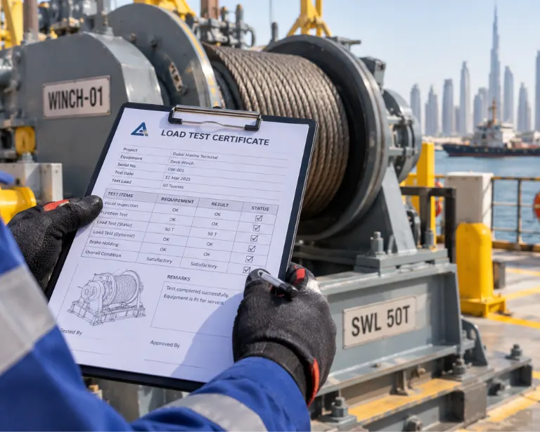 Technician holding a winch load test certificate beside a heavy-duty industrial winch at a Dubai marine dock, with a technical checklist and machinery visible in the background.