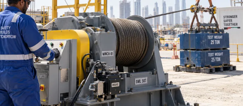 Industrial technician operating heavy-duty equipment during winch load testing, with a taut steel cable, test weights, winch drum, and brake assembly visible at a UAE construction site.