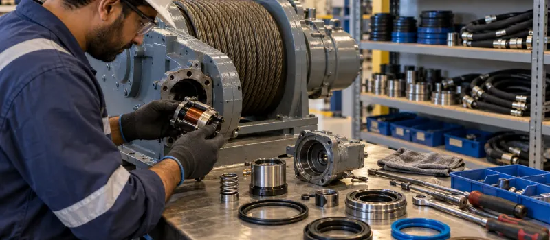 Technician inspecting an industrial electric winch and winch spare parts including seals, O-rings, bearings, and mechanical components in a workshop