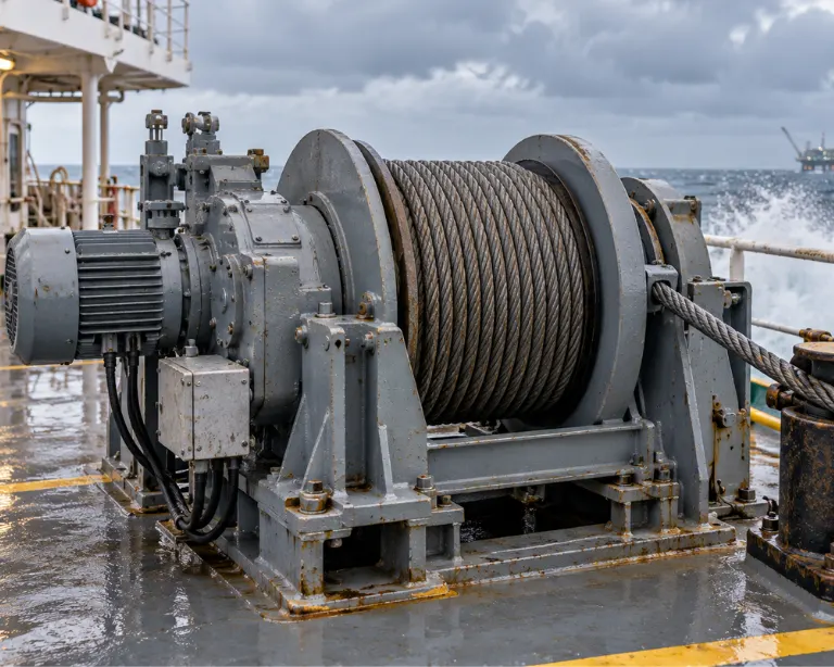 Weathered electric mooring winch with steel cable on a vessel deck in harsh marine conditions, showcasing equipment requiring winch spare parts