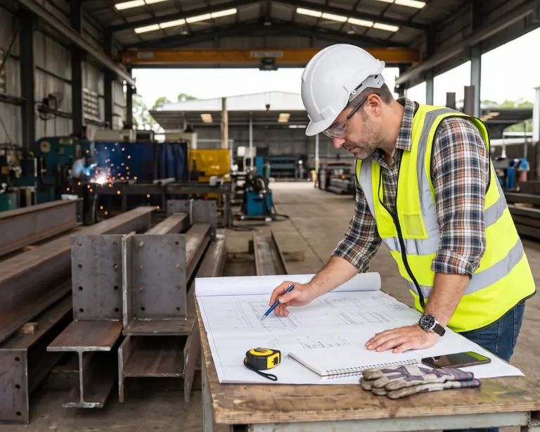 Steel fabrication engineer reviewing technical drawings beside structural steel beams in a fabrication workshop.