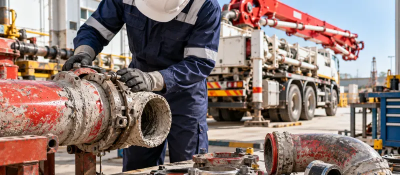 Technician inspecting pipeline couplings to prevent concrete pump blockage during routine maintenance