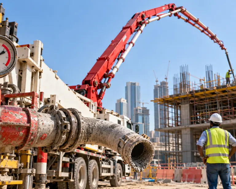 Concrete pump blockage on a construction site with a rising pressure gauge and a dry pipeline end